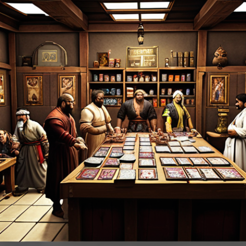 Home 4 **
`A bustling auction house scene in Dungeon & Fighter, filled with players examining resources, cards, and equipment. Focus on the excitement of buying low and selling high. Include Urdu text overlays with price tags and bargaining phrases.`
**